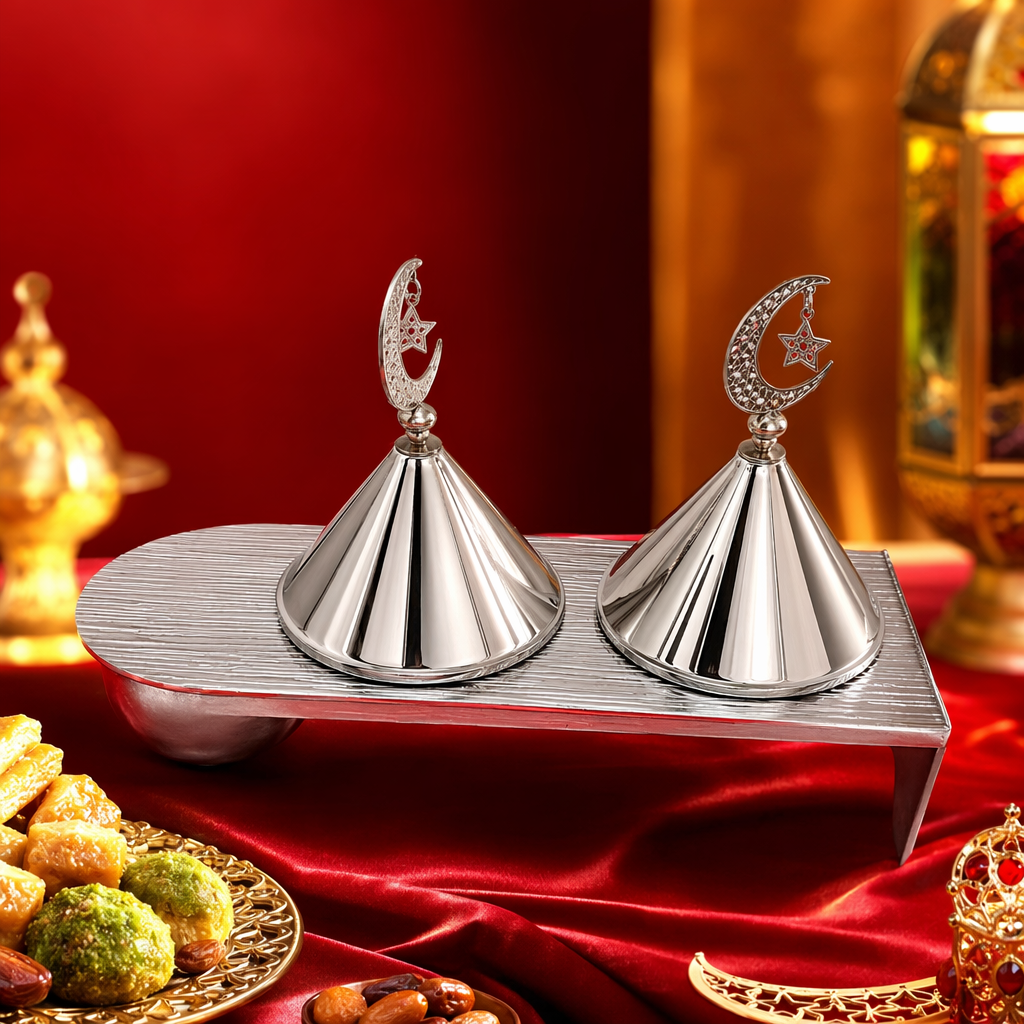 A silver metal double-conical incense burner ornament with a crescent star top decoration Specification image