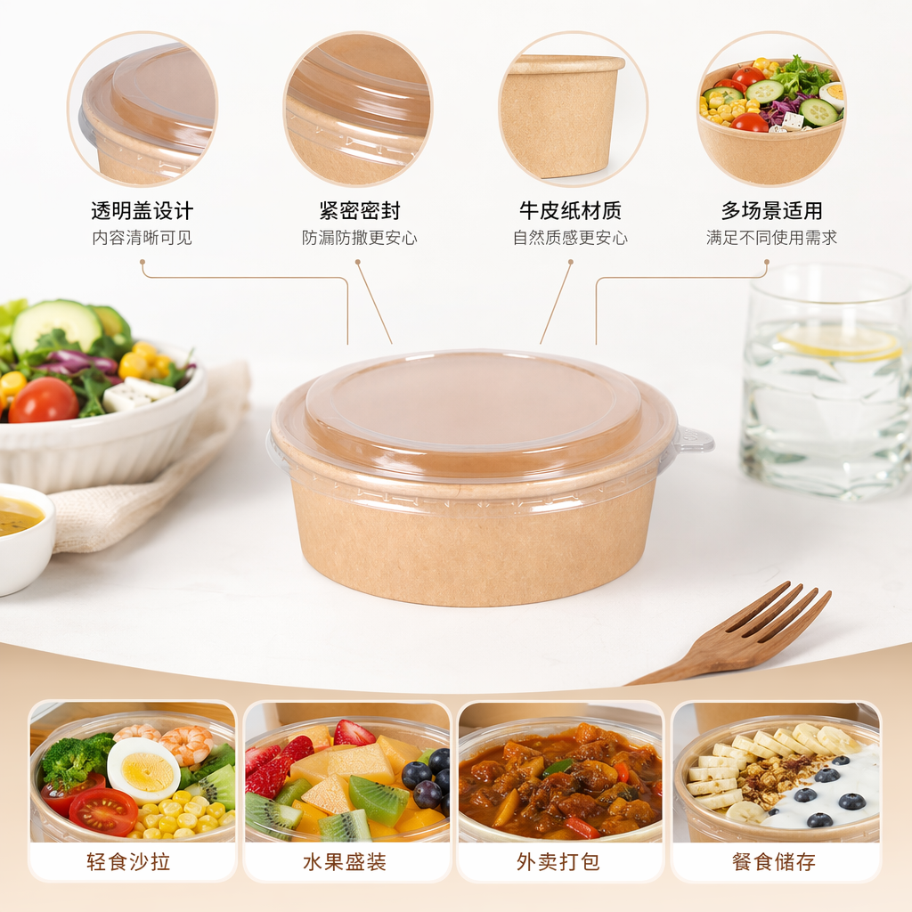 Brown kraft paper bowl with transparent OPS lid, disposable eco-friendly food-grade takeout bowl
