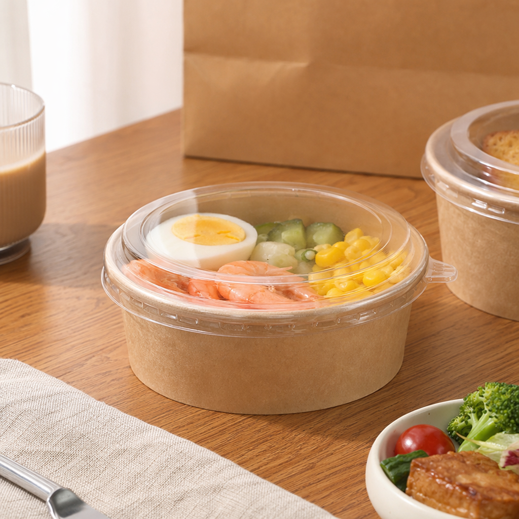 Brown kraft paper bowl with transparent OPS lid, disposable eco-friendly food-grade takeout bowl details Picture