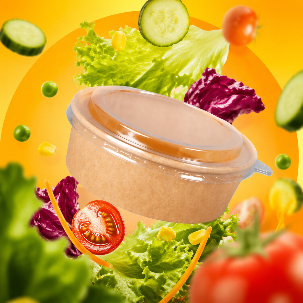 Brown kraft paper bowl with transparent OPS lid, disposable eco-friendly food-grade takeout bowl Specification image