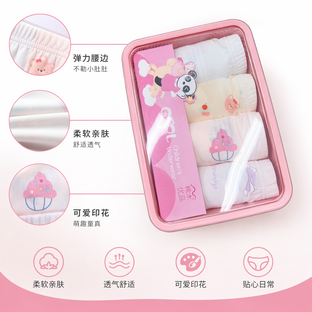 棉米优品女童纯棉内裤4条装粉色礼盒装含独角兽熊猫纸杯蛋糕小熊卡通款