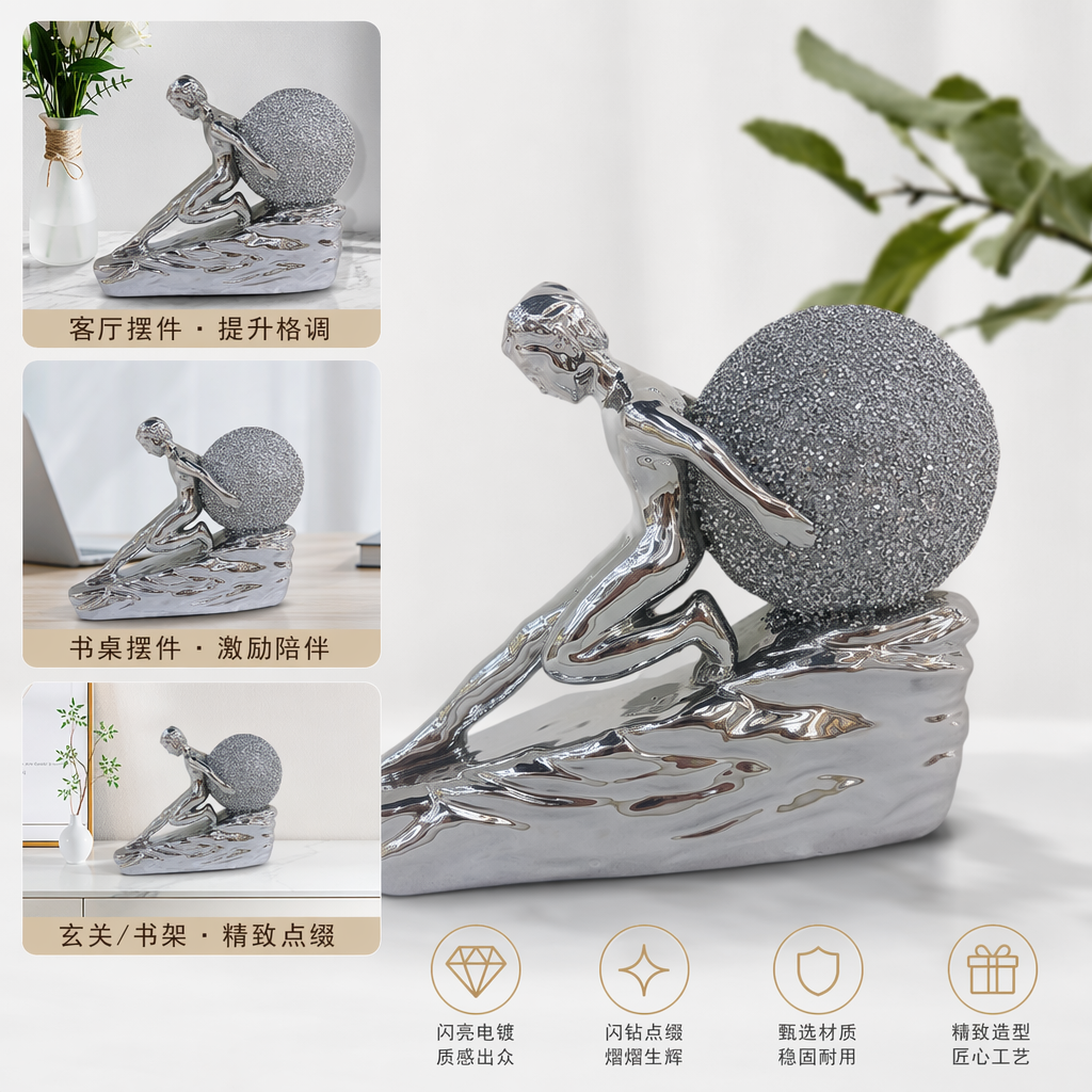 Silver-lustrous figure sculptures paired with silver glittering spherical decorative ornaments