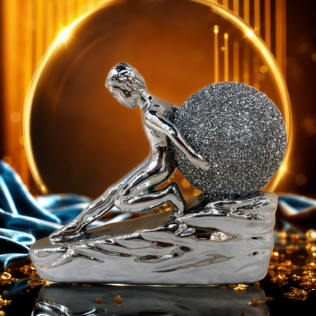 Escultura de la figura del brillo de plata con la esfera del brillo de plata para la decoración Specification image