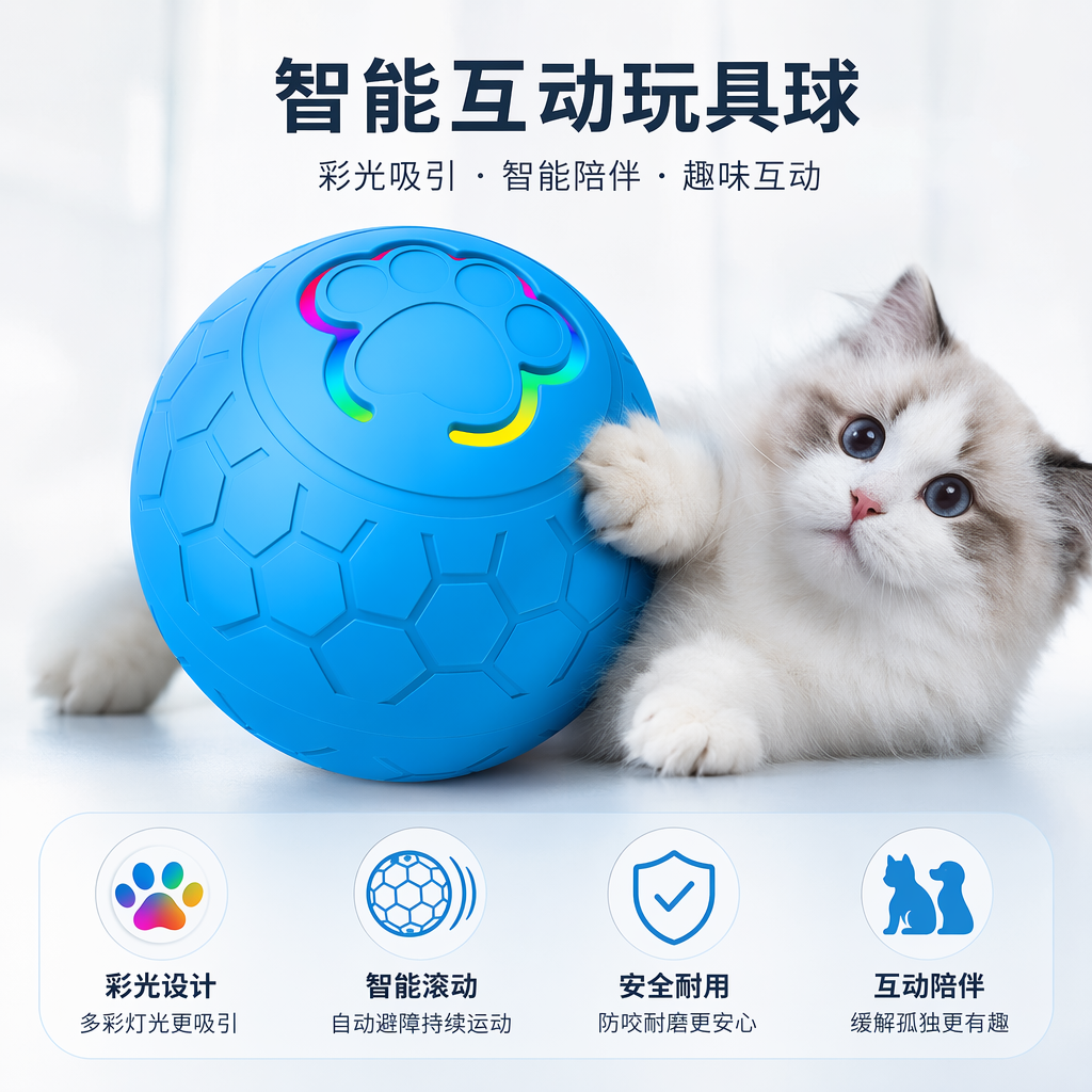 Blue honeycomb-patterned spherical cat toy with paw prints, electric smart toy with rainbow light effect