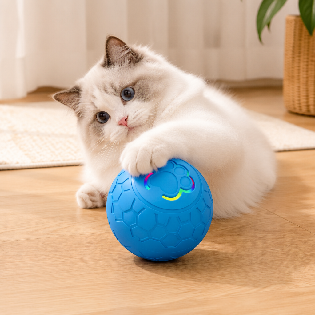 Blue honeycomb-patterned spherical cat toy with paw prints, electric smart toy with rainbow light effect details Picture