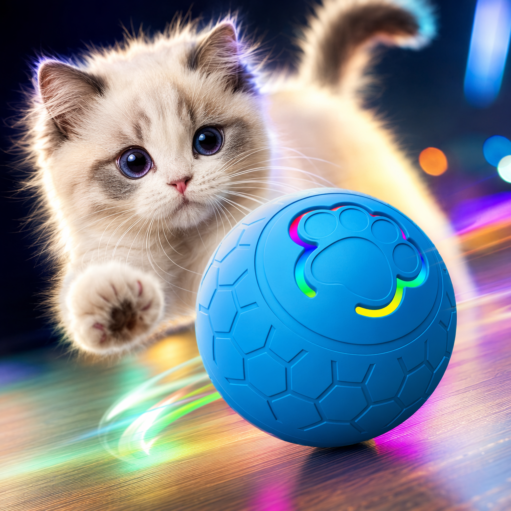 Blue honeycomb-patterned spherical cat toy with paw prints, electric smart toy with rainbow light effect Specification image