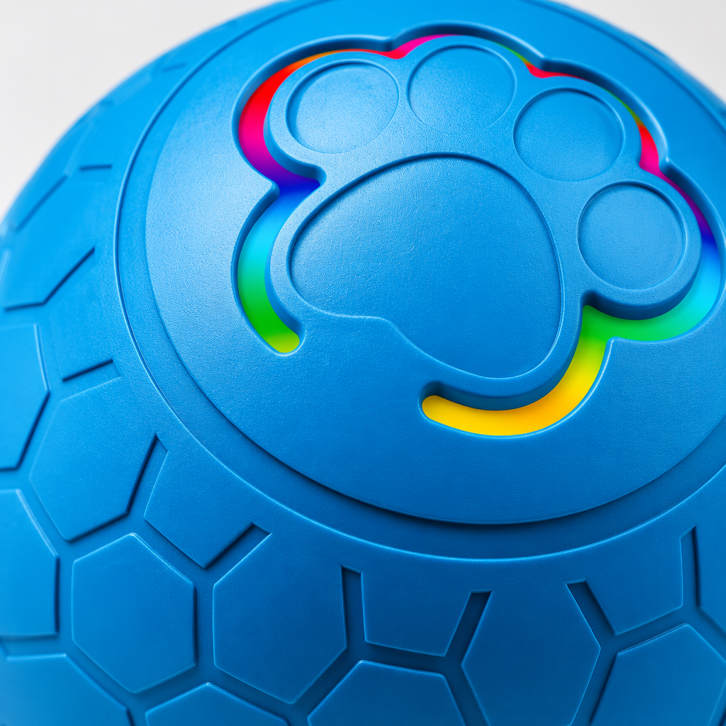 Blue honeycomb-patterned spherical cat toy with paw prints, electric smart toy with rainbow light effect Application Scenario