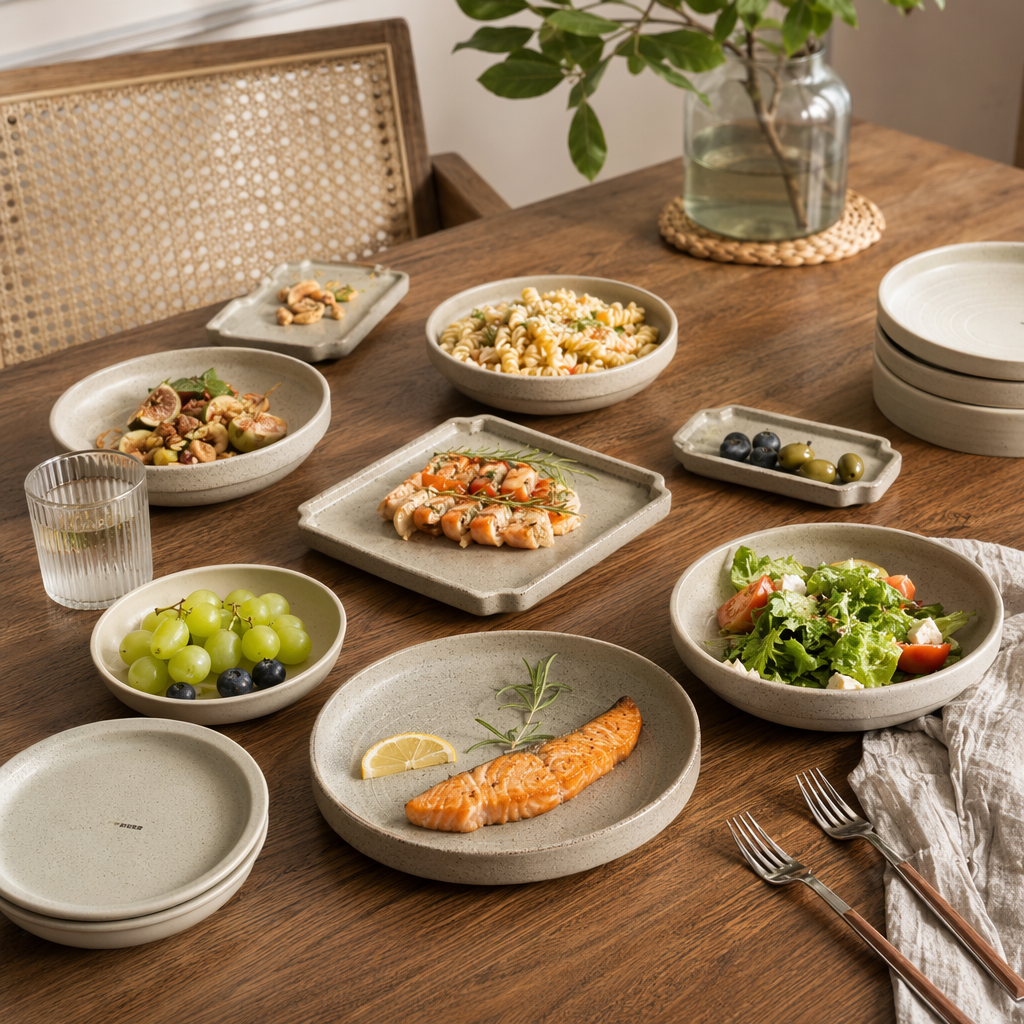 Light green spotted ceramic tableware set, home simple style bowl and plate set details Picture
