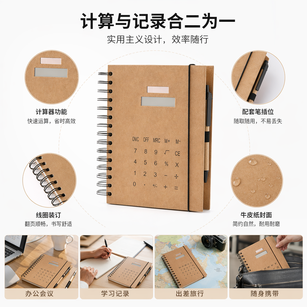 棕色螺旋装订笔记本带计算器按键图案插笔槽