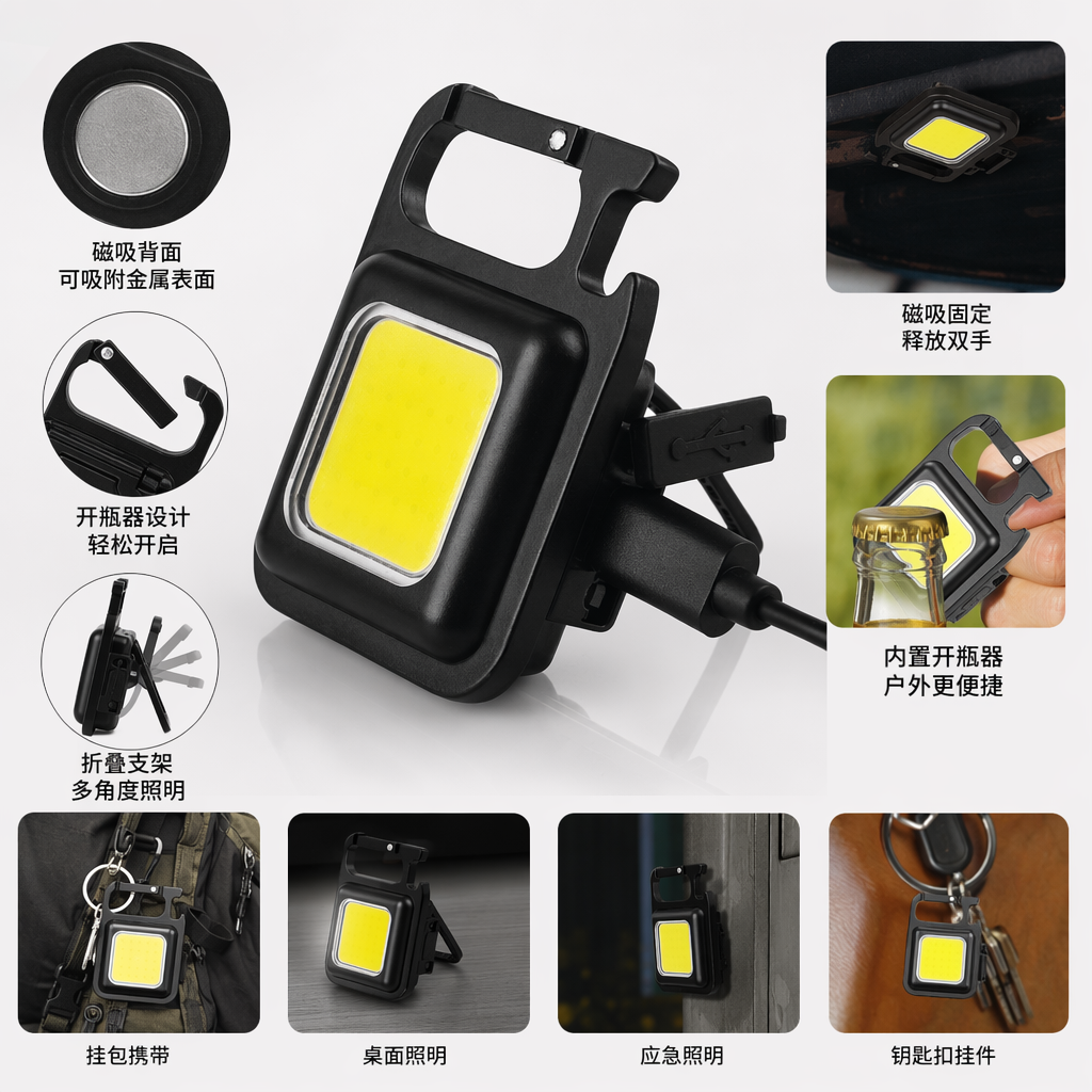 Black COB flashlight, high-intensity waterproof rechargeable portable LED lighting lamp