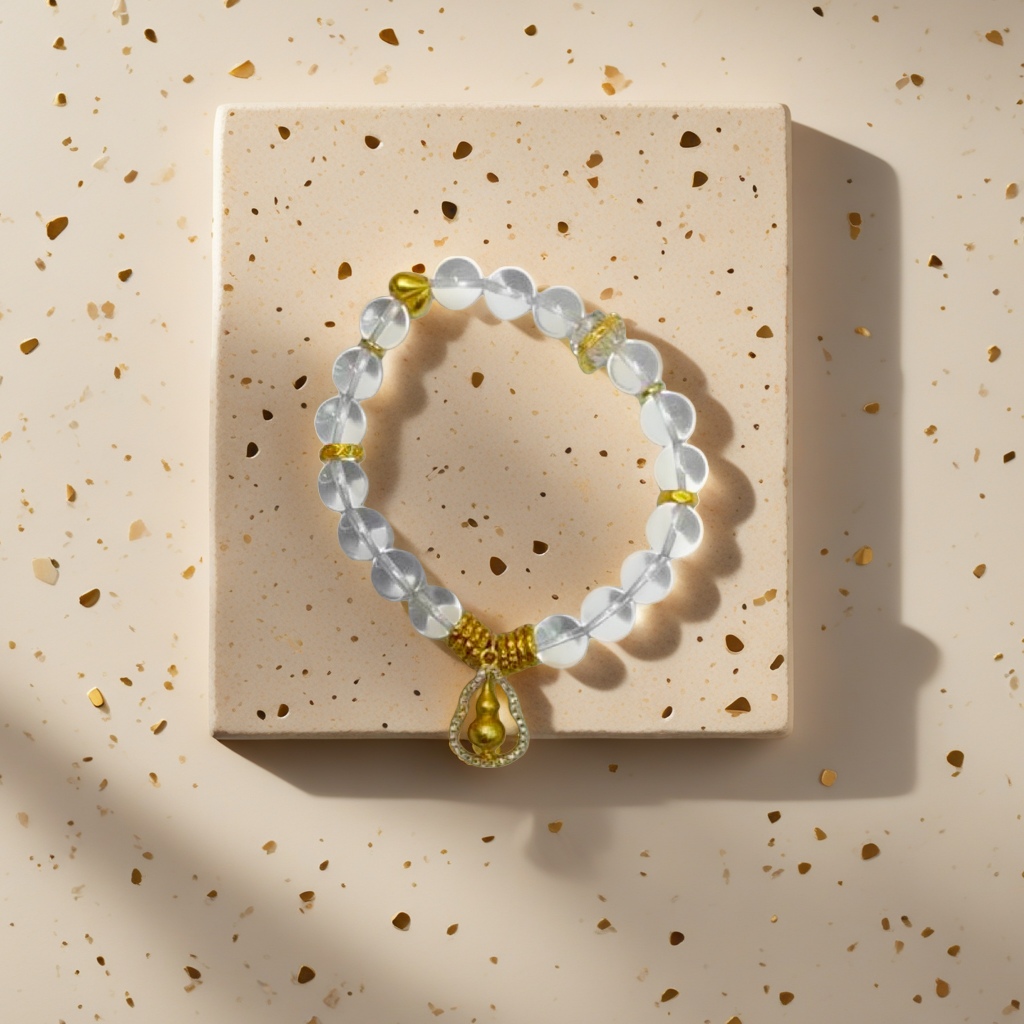 Natural white crystal transparent pearl bracelet, round crystal beads, golden decorative gourd pendant