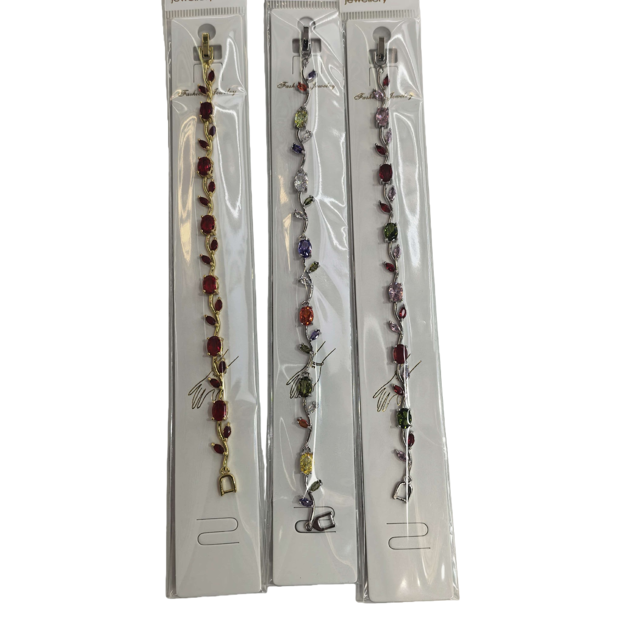 三款彩色宝石藤蔓造型手链，分别金色与红色、银色与多色、银色与红绿紫配色，封装于透明塑料袋内，挂于白色卡片上白底实物图