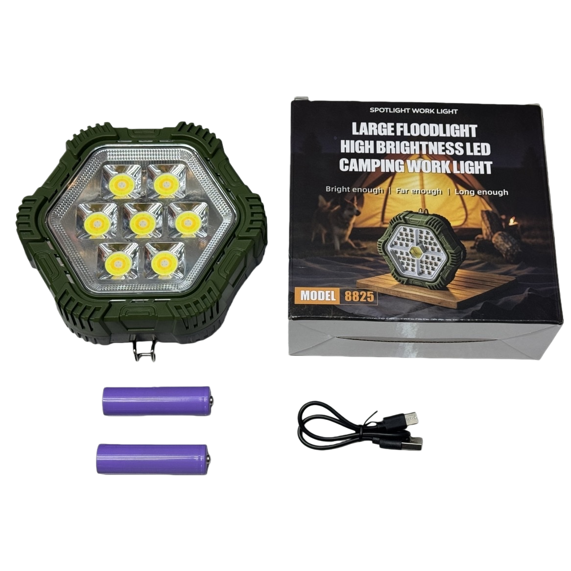 Green hexagonal LED work light, portable rechargeable high-brightness lighting lamp, specially designed for home maintenance Item Picture