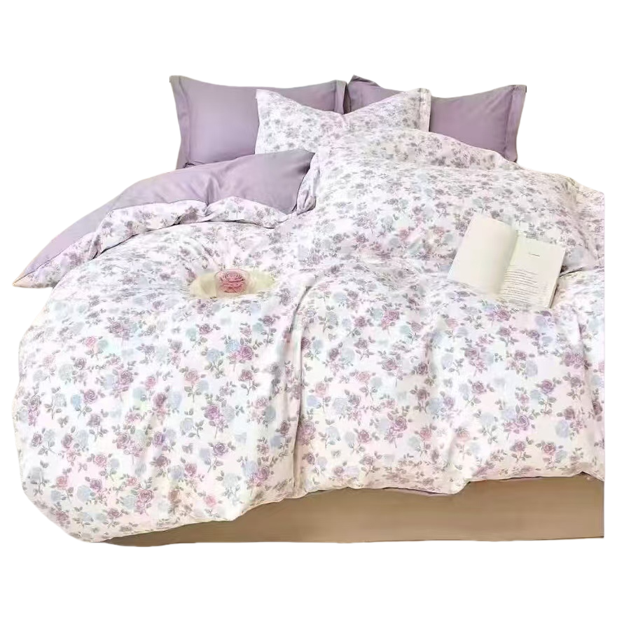 Purple floral print bedding set, made of pure cotton, skin-friendly, breathable and suitable for all seasons Item Picture