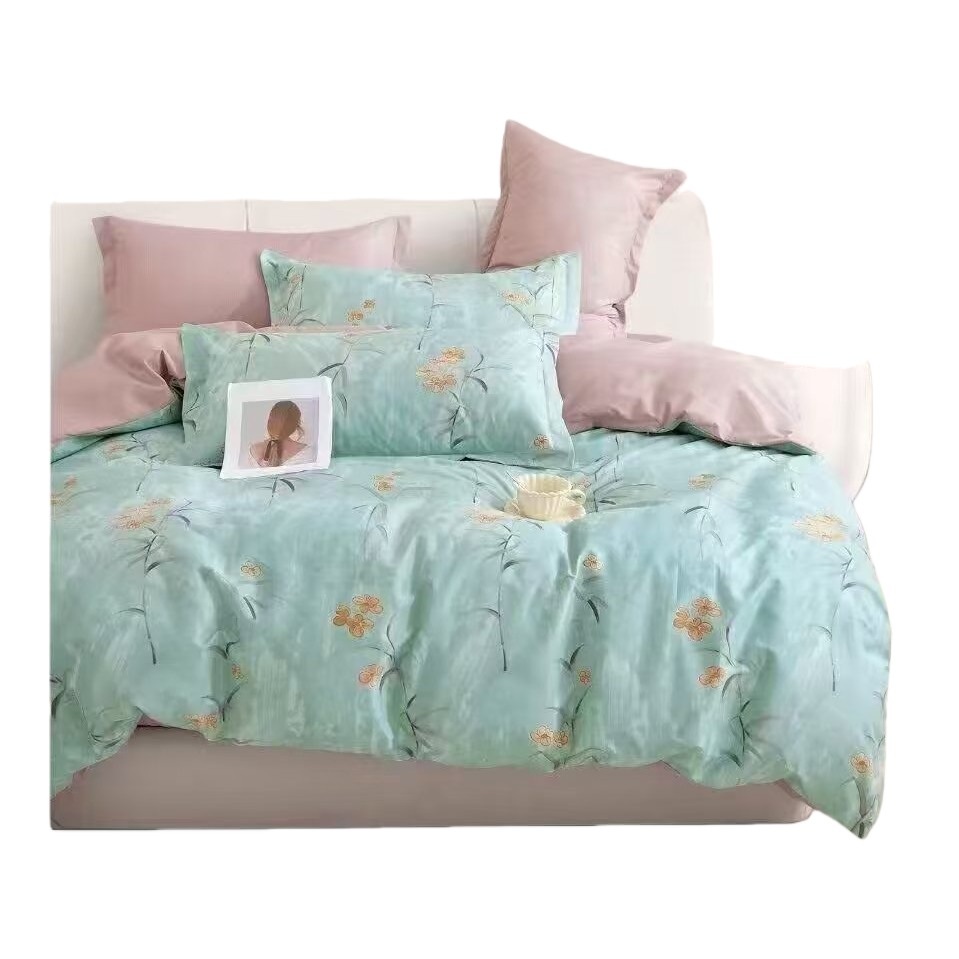 Light green floral pattern bedding set of four pieces, pure cotton, skin-friendly and simple style Item Picture