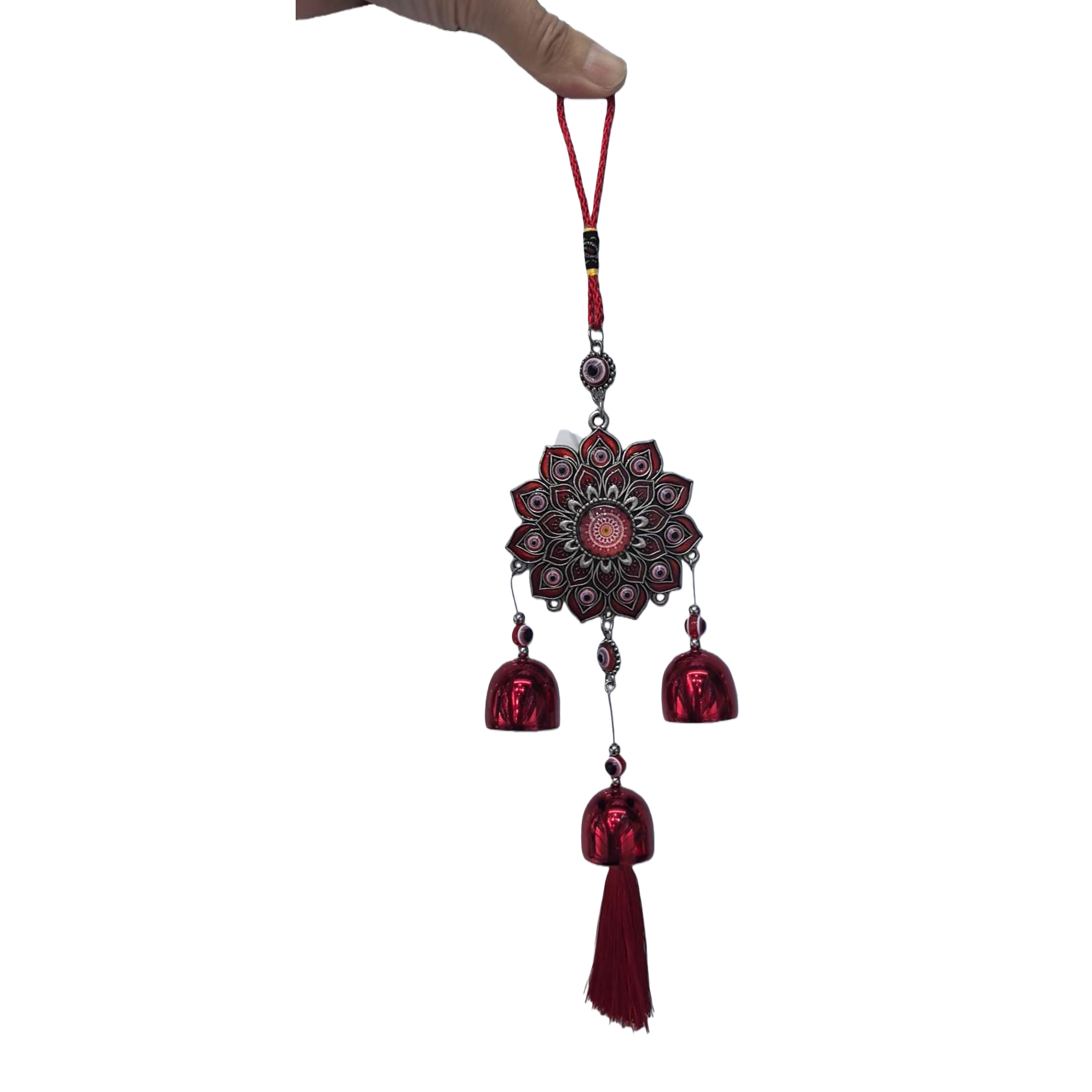 Colgante de metal de loto rojo con adorno en forma de ojo rojo y negro colgante de tres campanas con borlas Item Picture