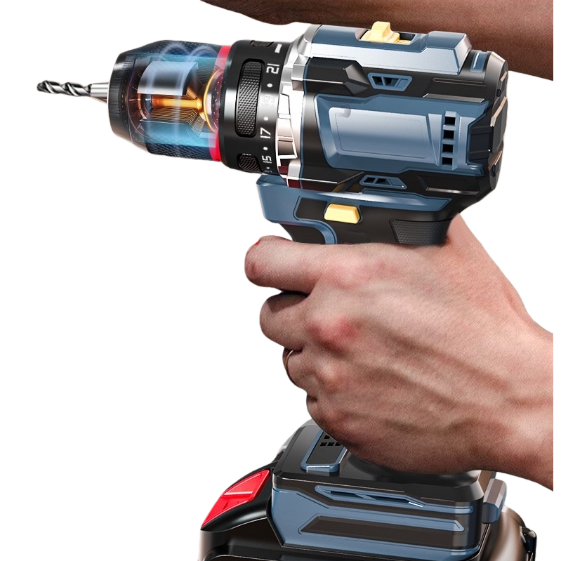 The blue-black electric drill is held by hand to operate a household rechargeable electric screwdriver Item Picture