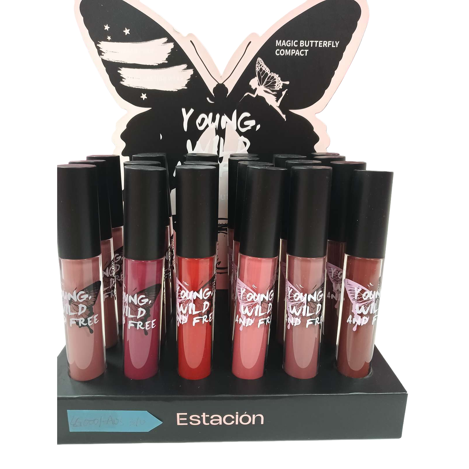 Estacion Magic Butterfly Lip Glaze Gift Box Black Display stand showcases butterfly patterns YOUNG WILD AND FREE Item Picture