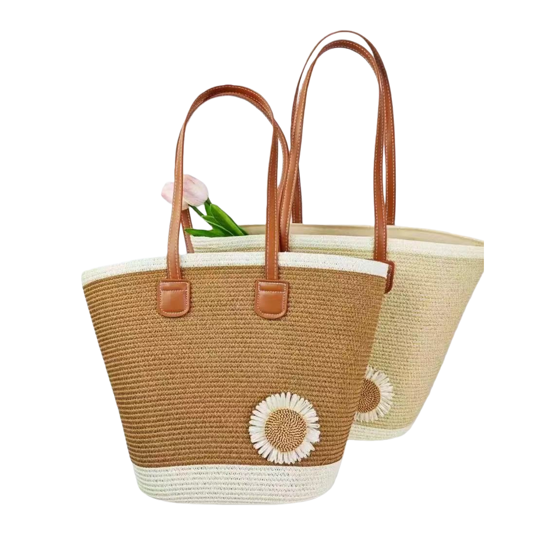 A brown woven handbag with white Daisy decorations and a brown leather handle Item Picture