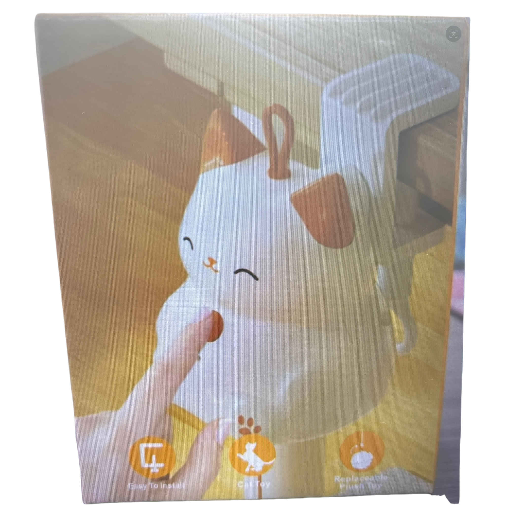 White and orange contrasting Maneki Neko shaped smart interactive pet toy for playing with cats Item Picture