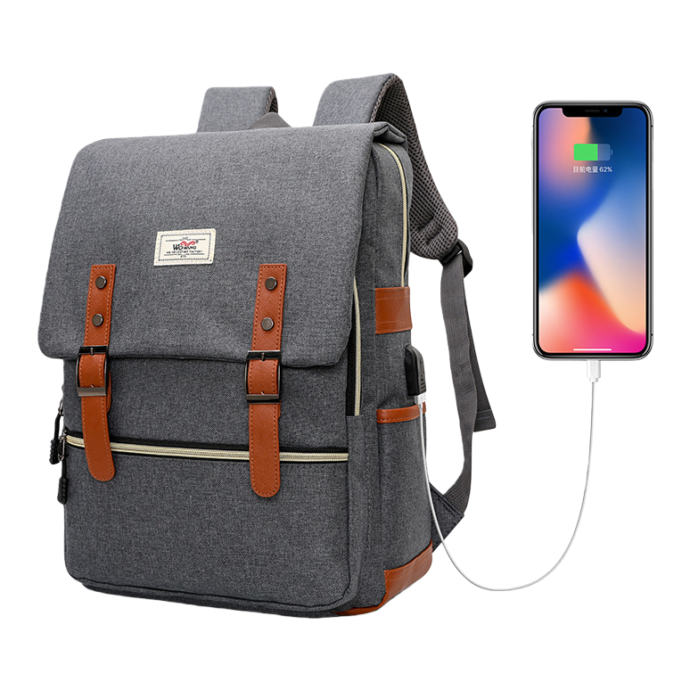 The grey backpack with brown leather trim and a USB charging port can charge smartphones Item Picture