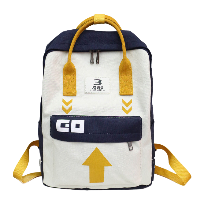 A white backpack with a yellow handle and shoulder strap, featuring a fashionable, simple and large-capacity commuting and casual backpack Item Picture
