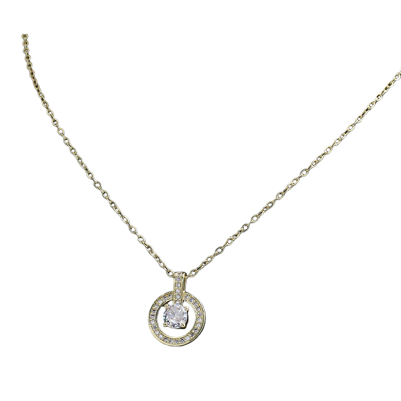 Collar redondo dorado con diamantes gran joya central transparente anillo exterior pequeño diamante cadena fina Item Picture