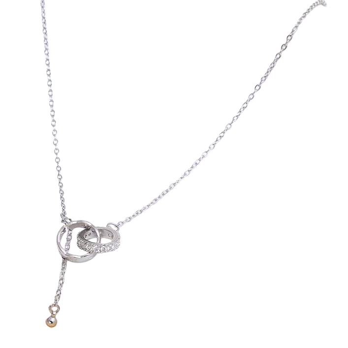Collar colgante de plata con doble aro incrustado de diamantes con cola de cadena de bola pequeña Item Picture