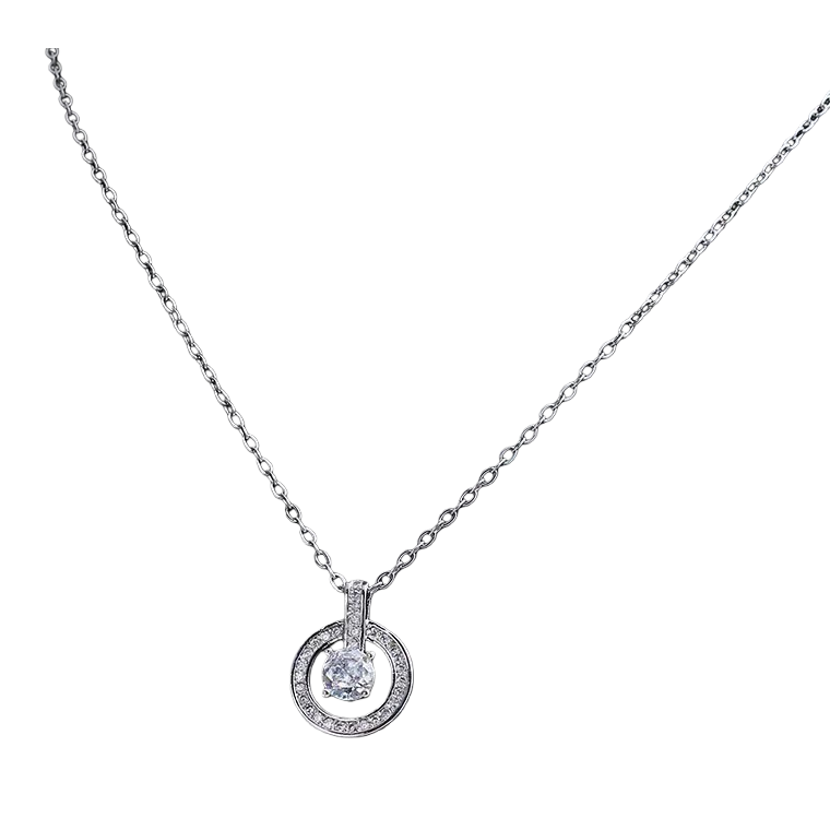 The silver necklace features a central circular main diamond and an outer ring closely set with small diamonds and a fine chain design Item Picture