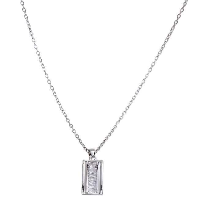 The silver chain necklace with rectangular diamond-encrusted pendant is simple, fashionable and versatile Item Picture