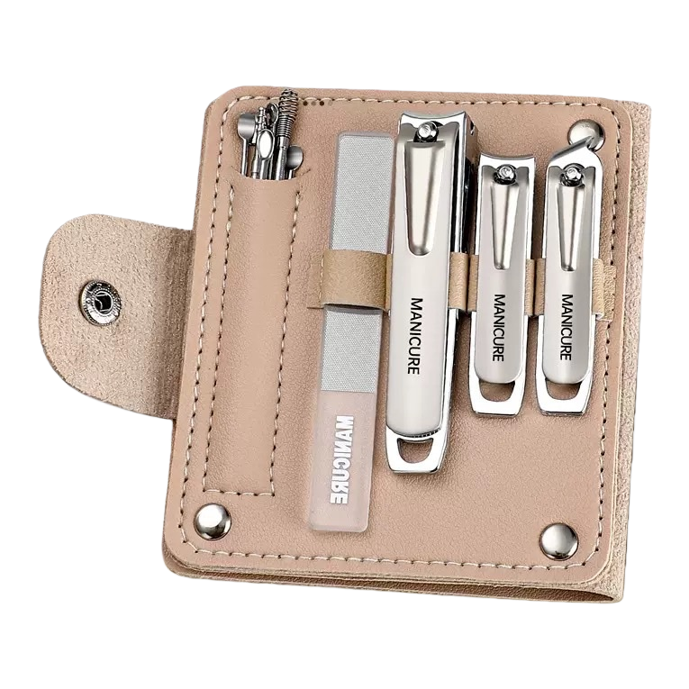 Beige leather nail care set, including silver nail clippers, frosted nail files, metal ear picks, light brown riveted buckle storage box Item Picture