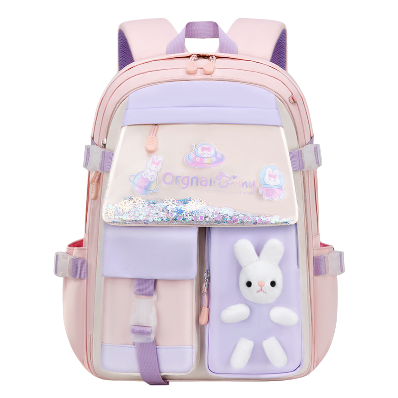 Pink and purple rabbit pattern children's schoolbag, cute cartoon two-color student backpack Item Picture