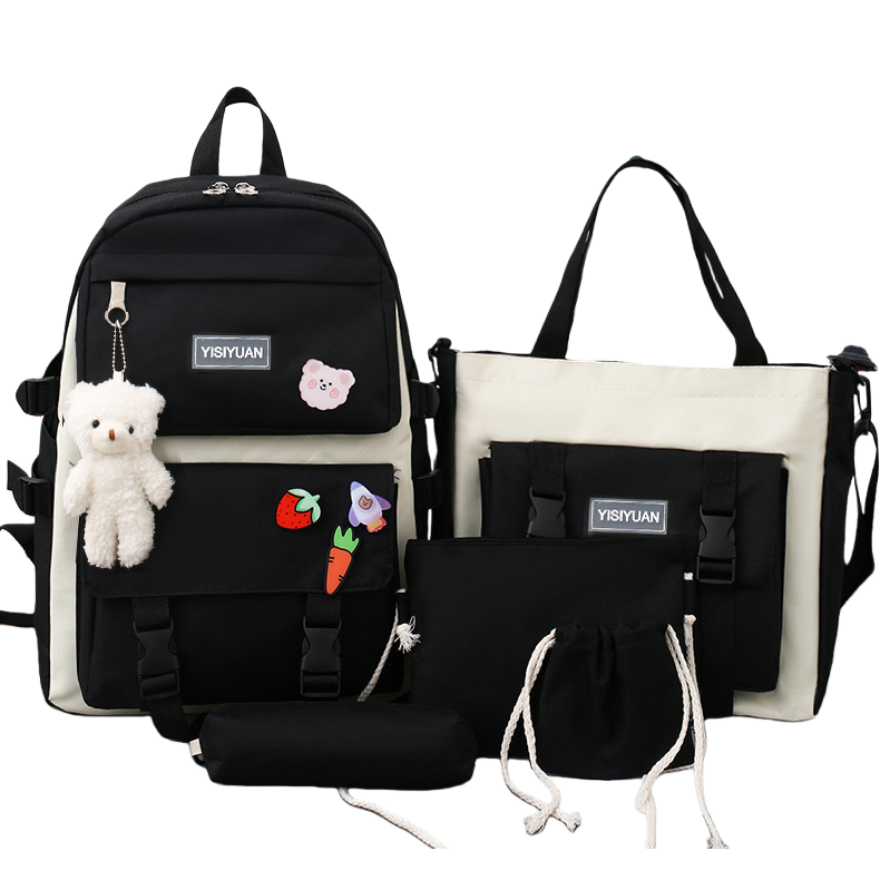 A black backpack with a white plush bear pendant, strawberry and carrot stickers, and a beige and black color-matched handbag set Item Picture