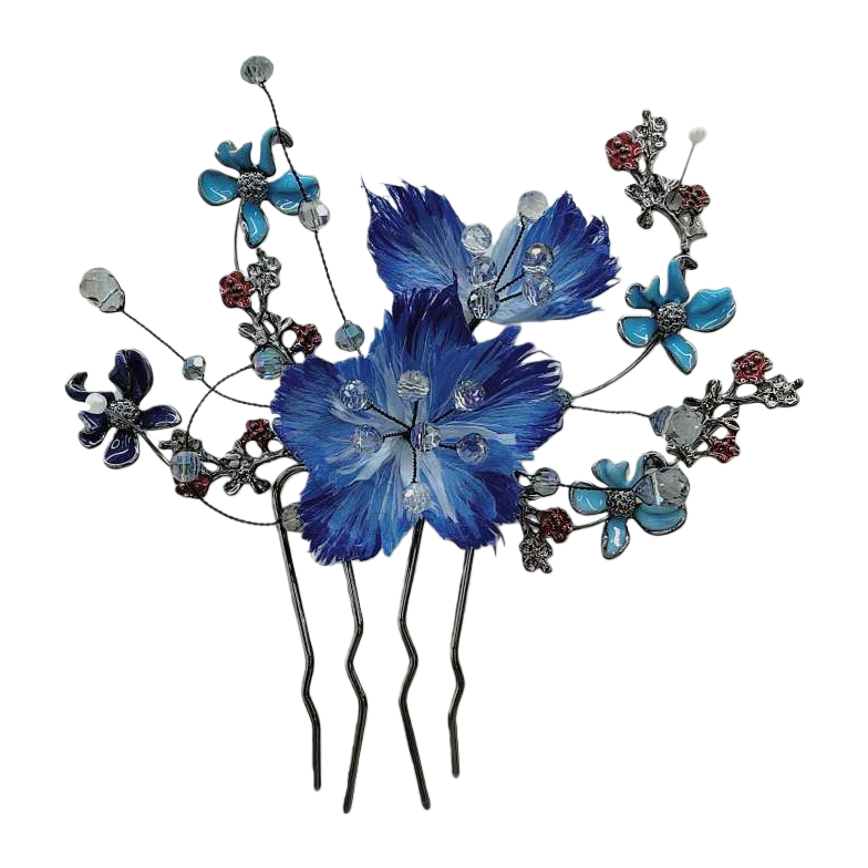 Blue feather flower hairpin, realistic flower headwear, women's ancient-style hair accessory Item Picture