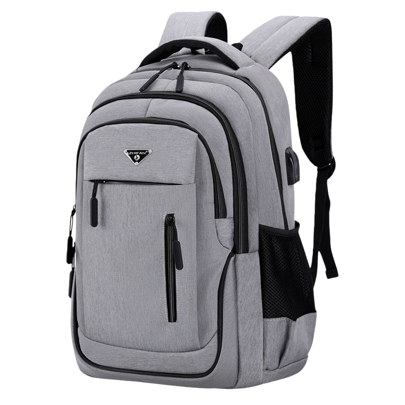 The grey backpack made of nylon for commuting to school is lightweight, durable and has adjustable shoulder straps Item Picture
