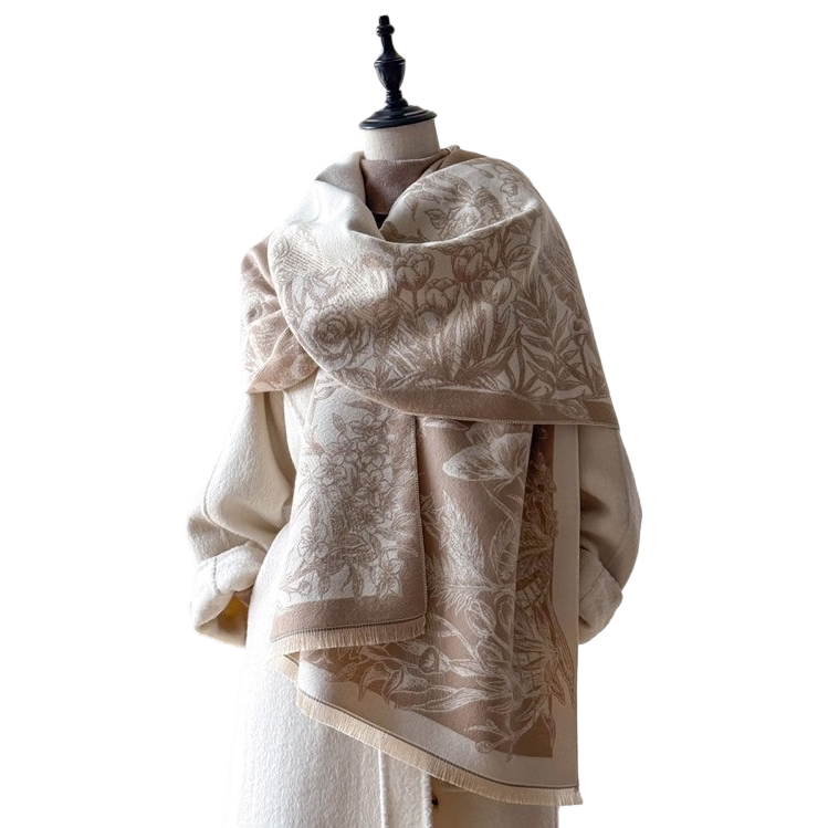 The beige cotton scarf with floral patterns is a versatile choice for women to keep warm in autumn and winter Item Picture