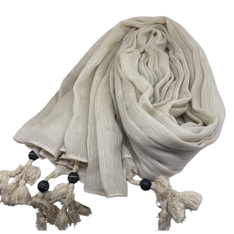Beige striped fringed scarf, a warm autumn and winter pure cotton knitted women's accessory Item Picture