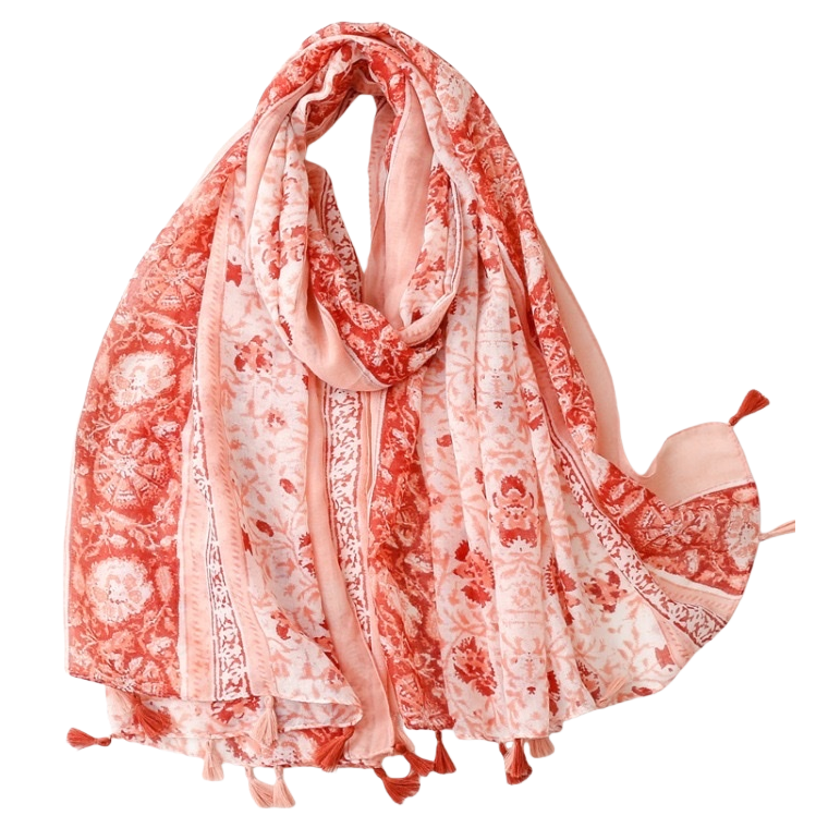 Orange-red floral pattern scarf for warm autumn and winter, pure cotton knitted women's scarf Item Picture