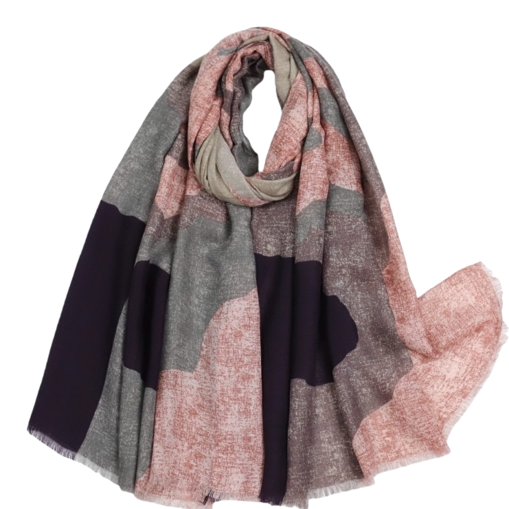 Pink, grey and deep purple abstract pattern scarf for warm autumn and winter, pure cotton knitted women's scarf Item Picture