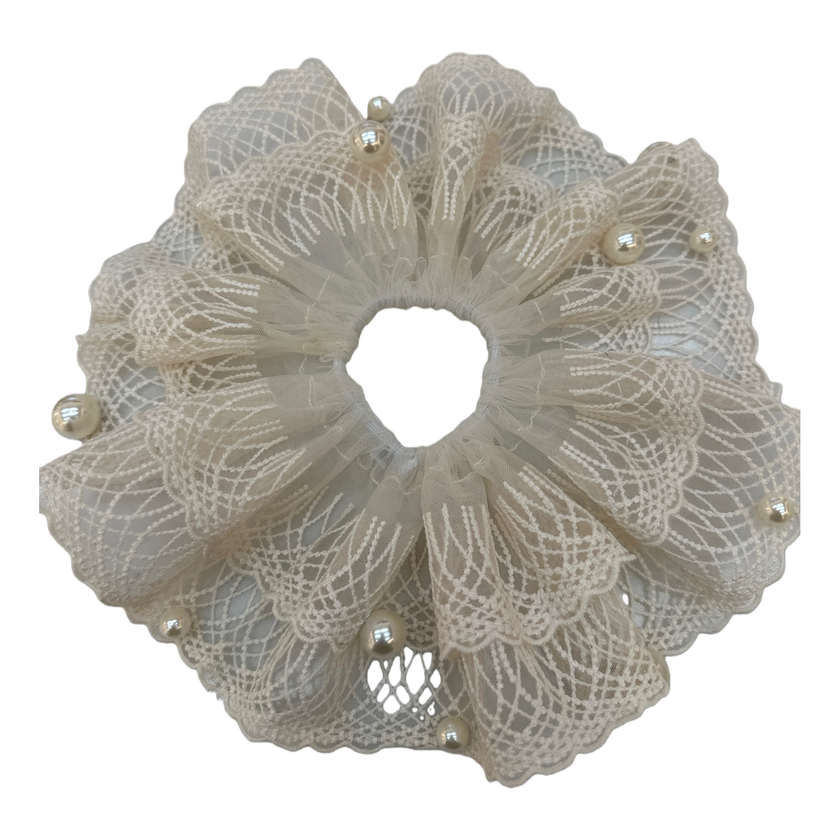 A beige lace pearl hair band is a high school girls' elastic hair accessory that won't damage your hair Item Picture