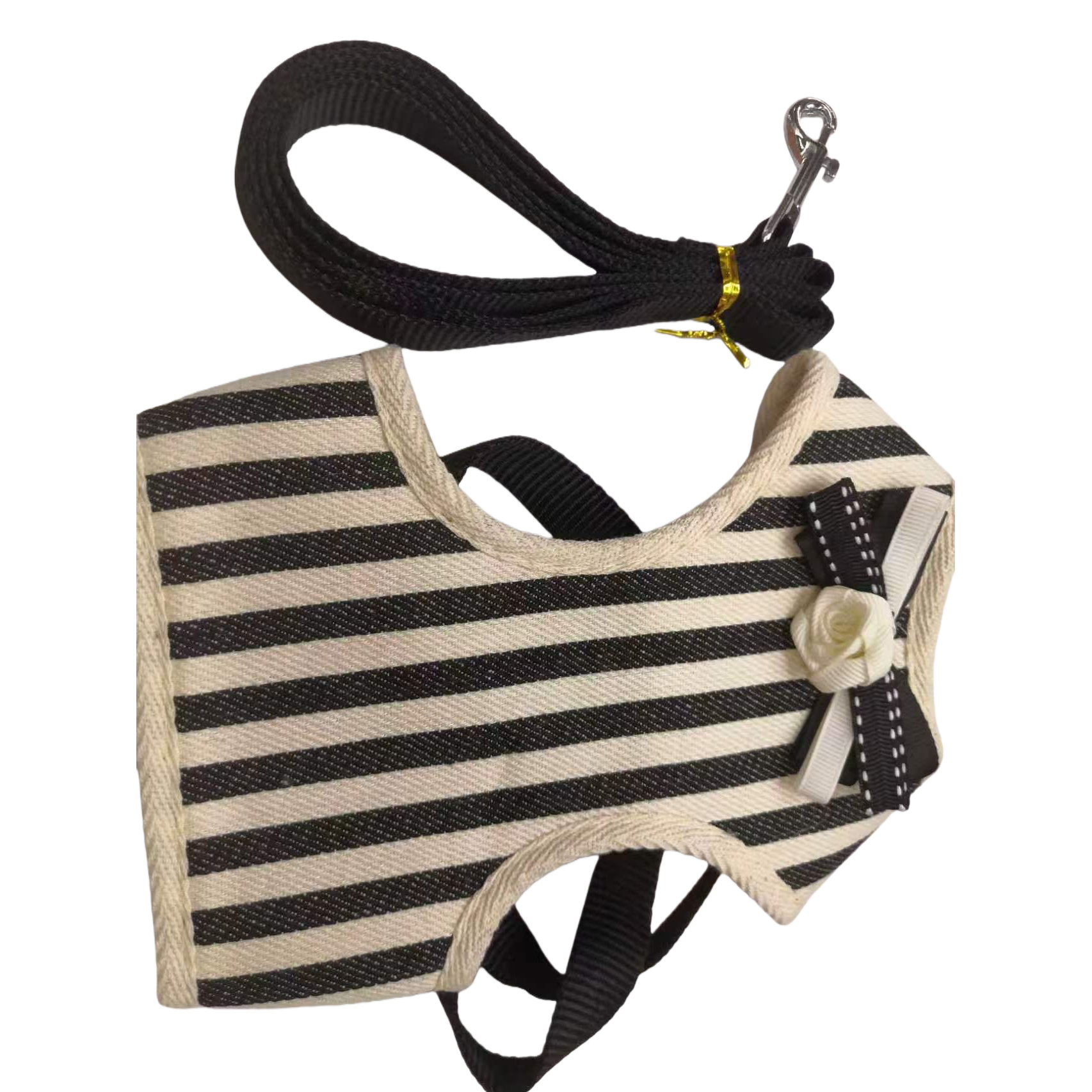 The black and white striped pet carrier with a black leash is comfortable, breathable and adjustable for dogs and cats Item Picture