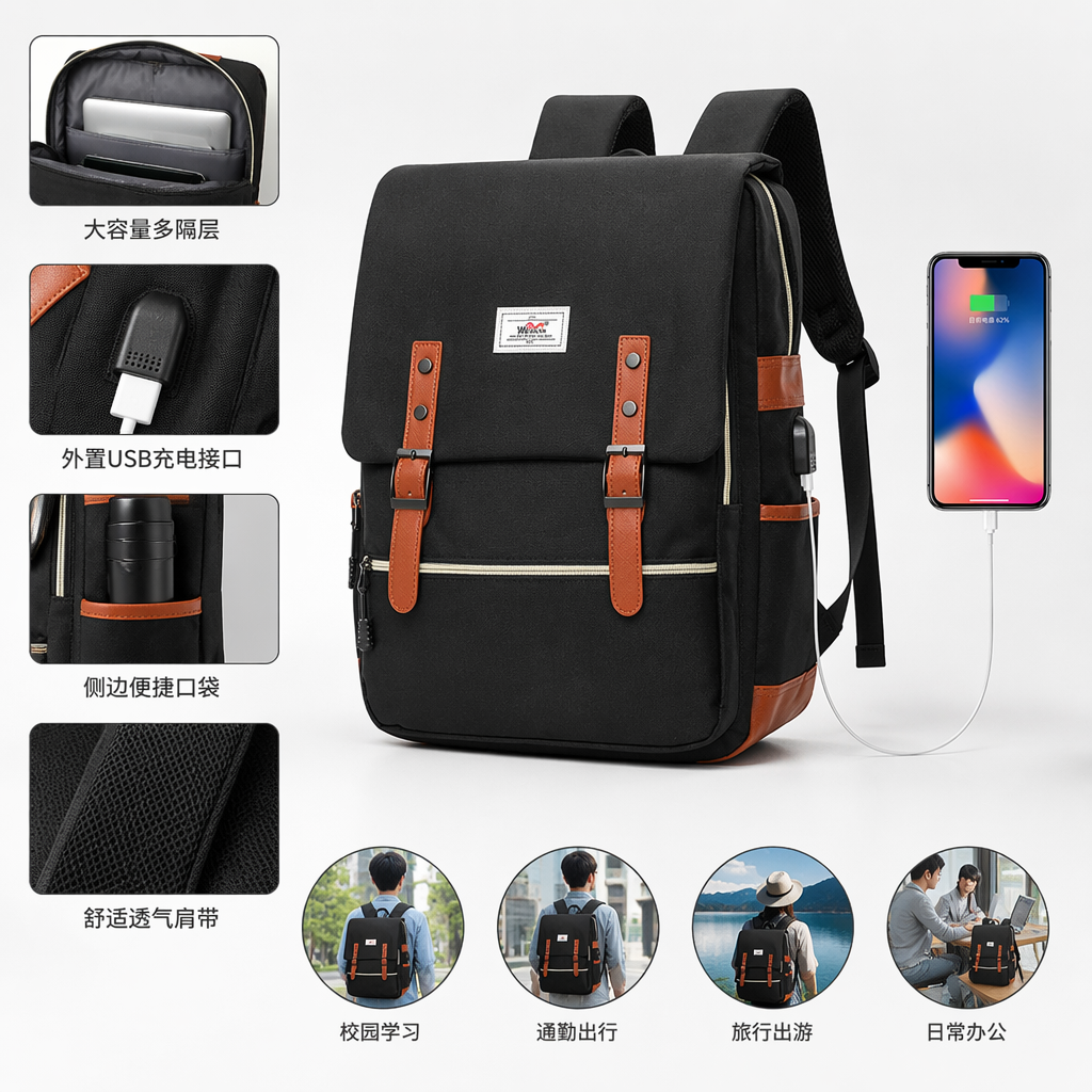 A black backpack with brown leather trim and a USB charging port for mobile phone charging