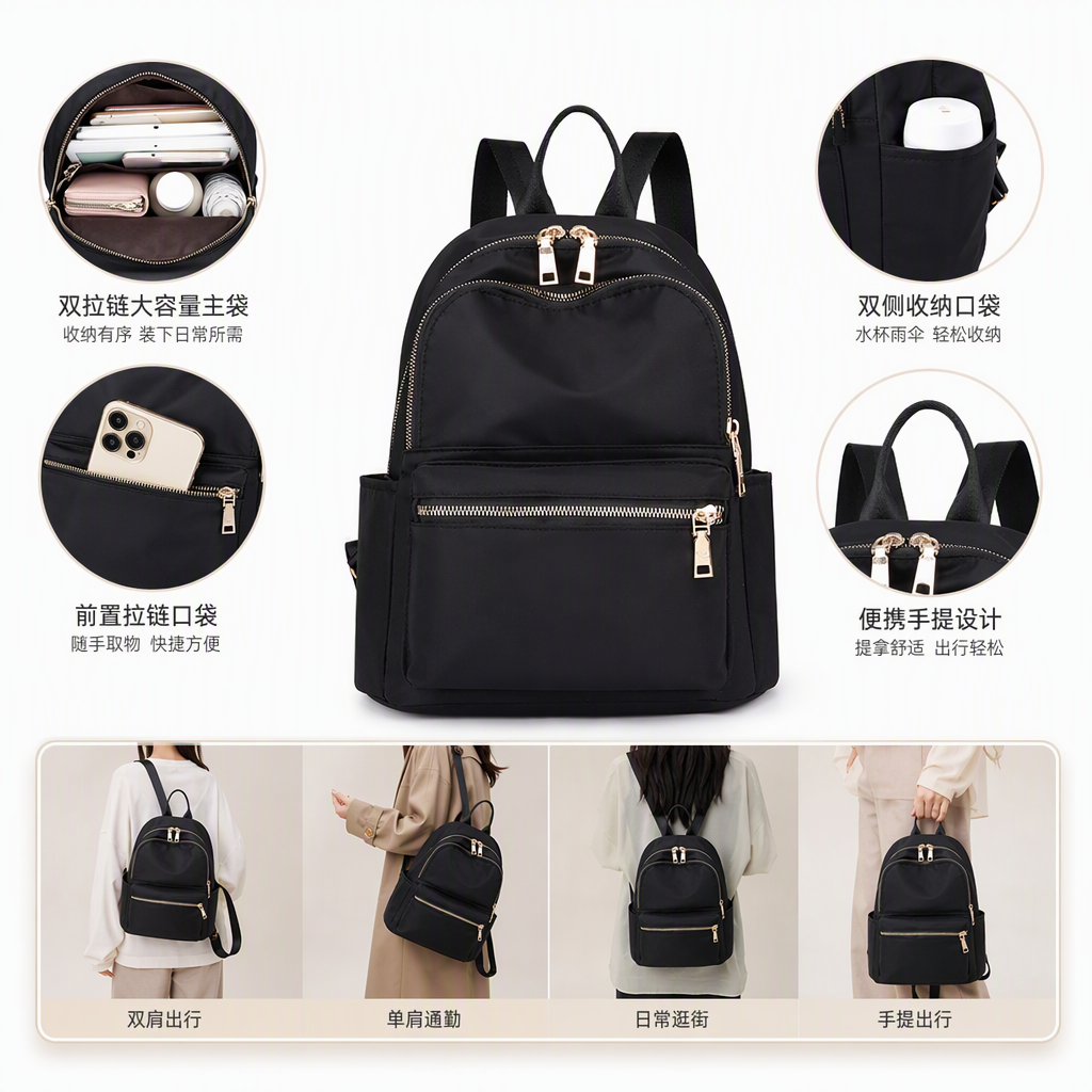 Black backpack, wear-resistant nylon, large-capacity commuter travel backpack