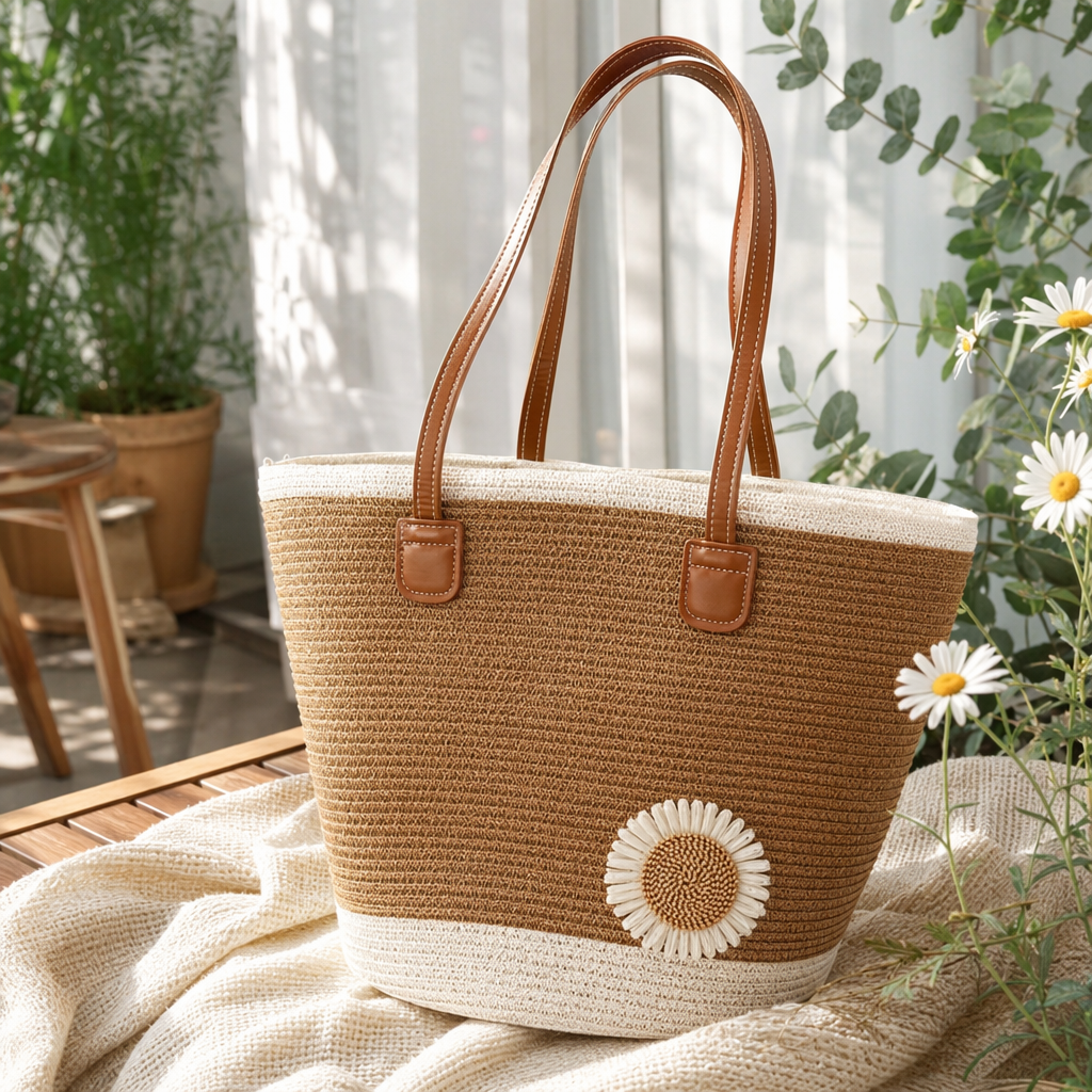 A brown woven handbag with white Daisy decorations and a brown leather handle details Picture