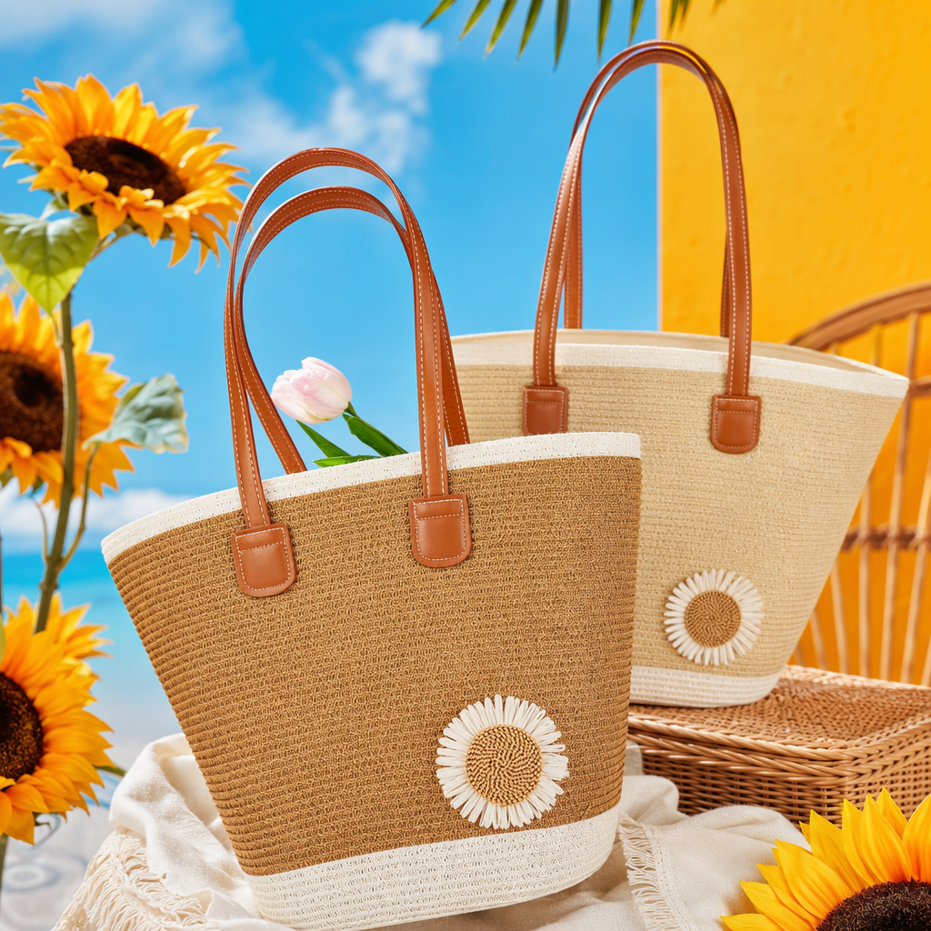 A brown woven handbag with white Daisy decorations and a brown leather handle Specification image