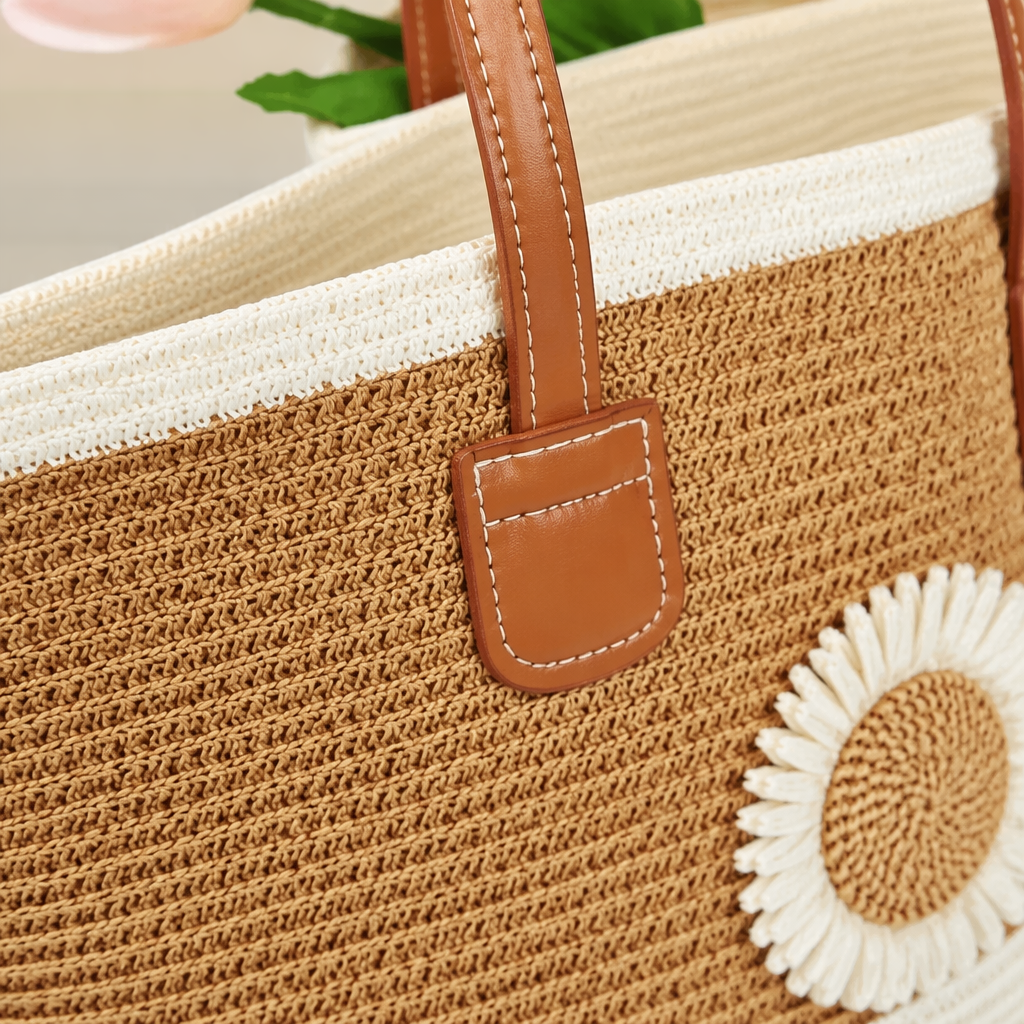 A brown woven handbag with white Daisy decorations and a brown leather handle Application Scenario