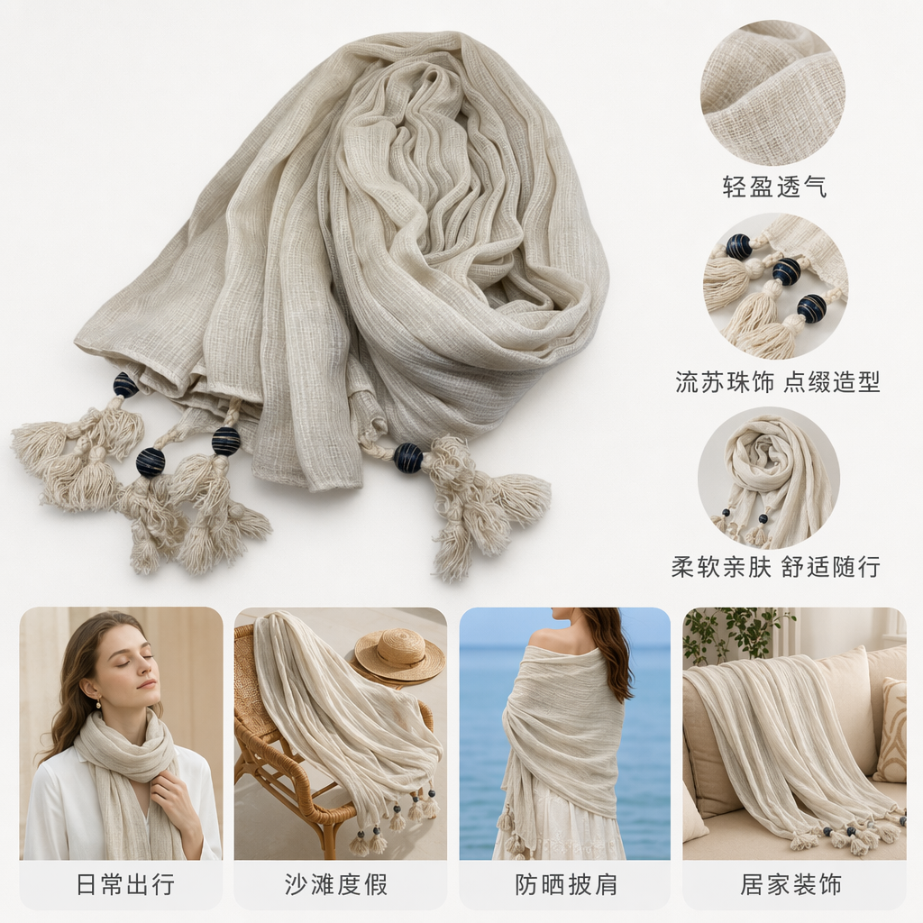 Beige striped fringed scarf, a warm autumn and winter pure cotton knitted women's accessory
