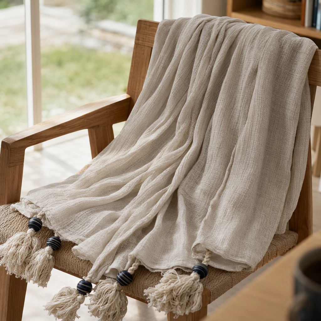 Beige striped fringed scarf, a warm autumn and winter pure cotton knitted women's accessory details Picture