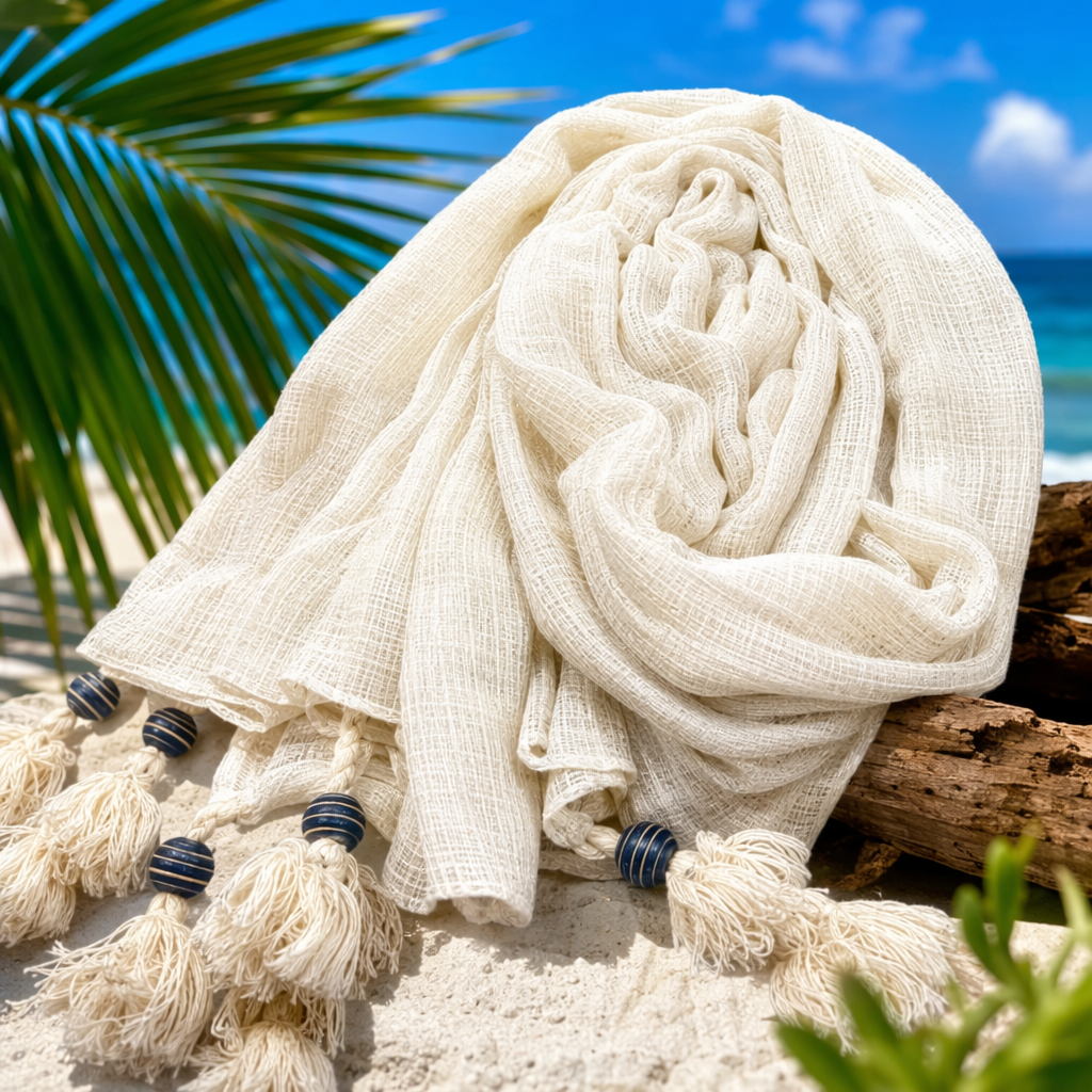 Beige striped fringed scarf, a warm autumn and winter pure cotton knitted women's accessory Specification image