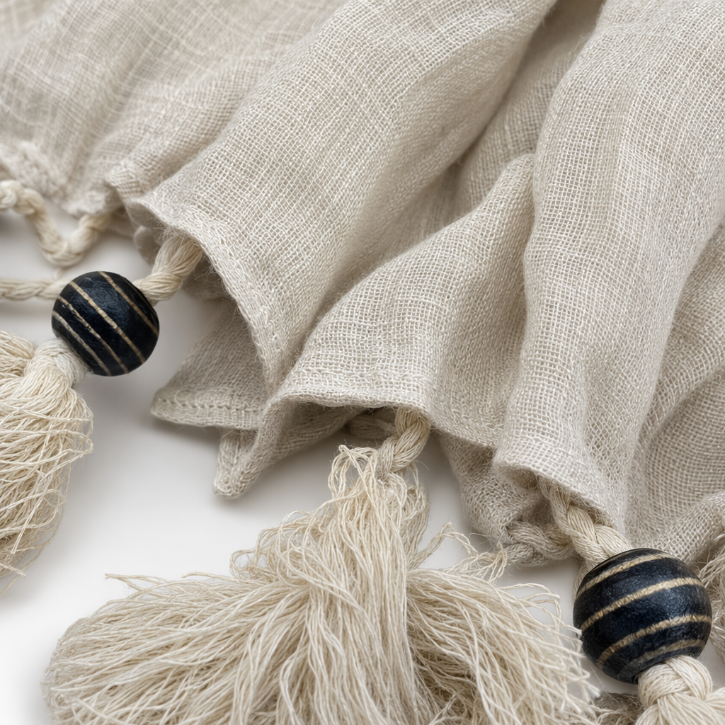 Beige striped fringed scarf, a warm autumn and winter pure cotton knitted women's accessory Application Scenario